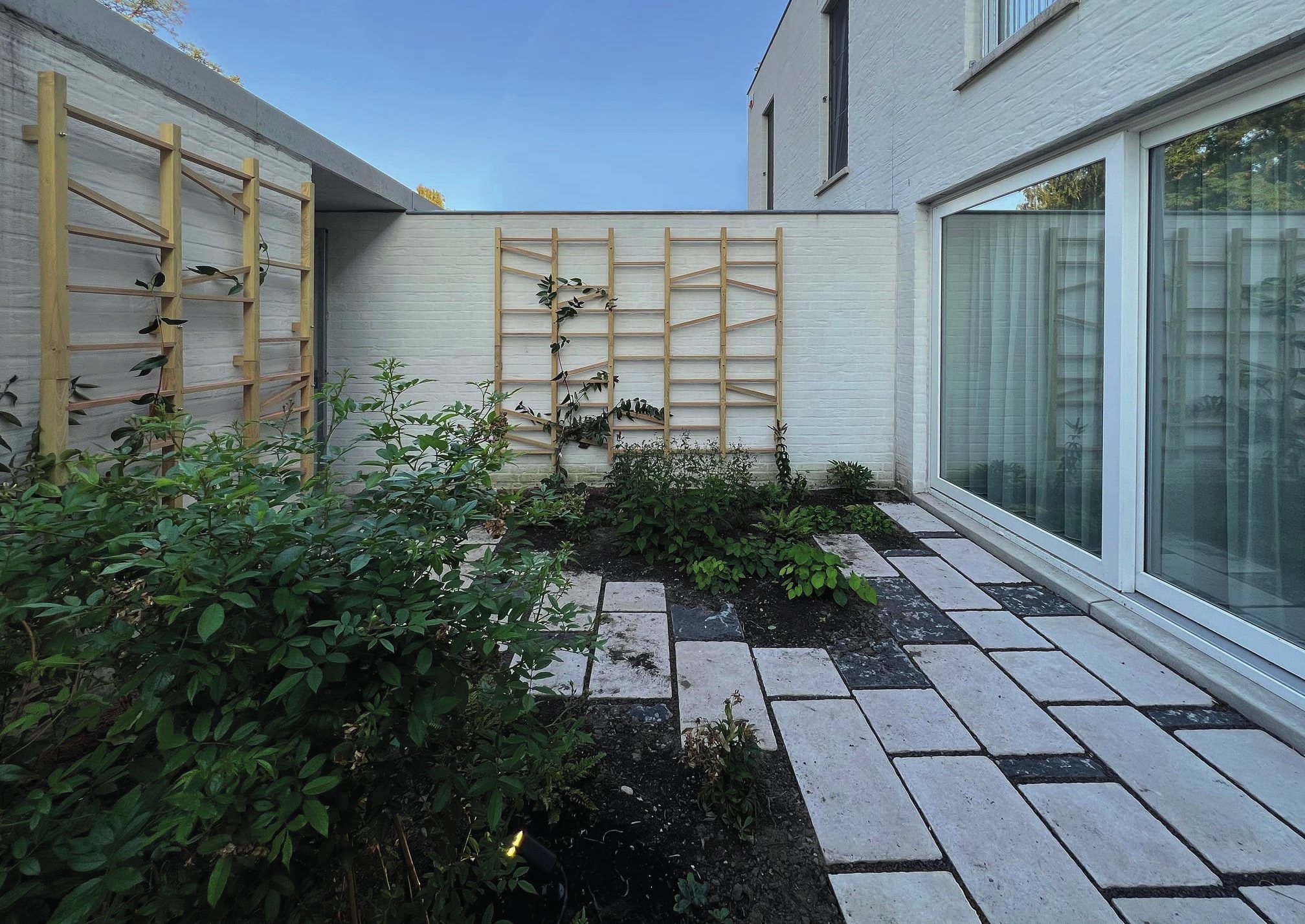 Ecological courtyard garden by Lys-Damen Landscape Architecture, Heindries, Zwijnaarde, with white walls, timber trellis and stone paving