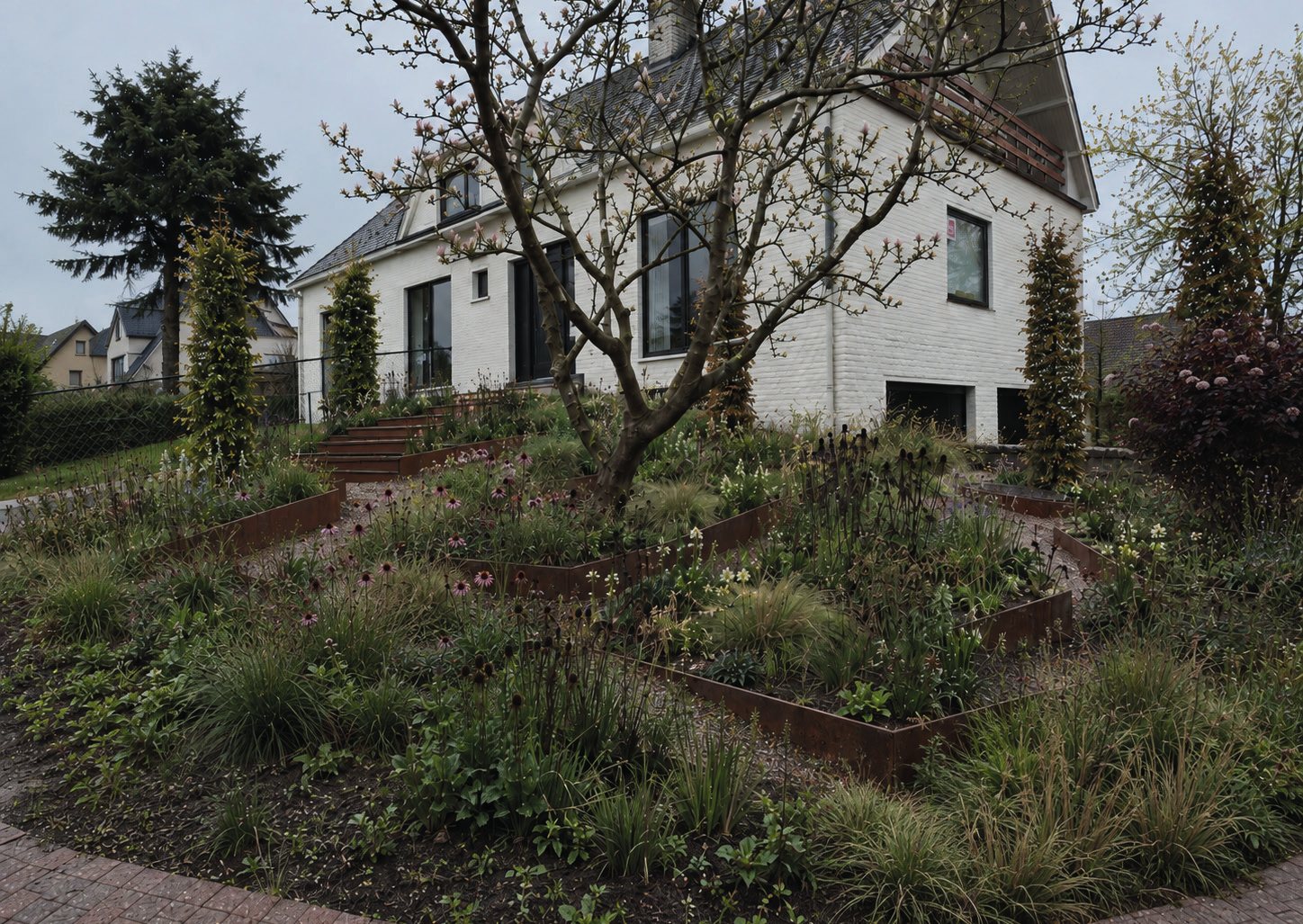 Front garden landscape design with corten steel beds and perennial planting, Heindries, Zwijnaarde